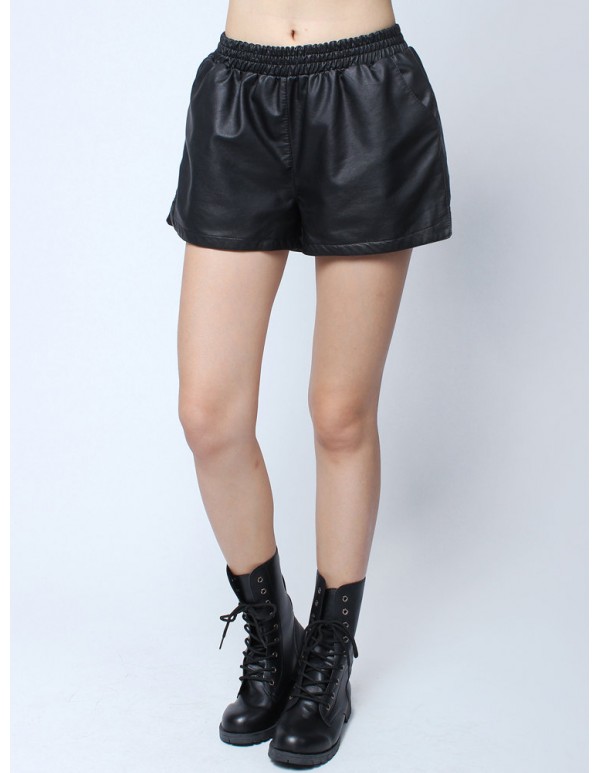 Fashion Casual High Waist Pockets PU Hem Slit Shorts