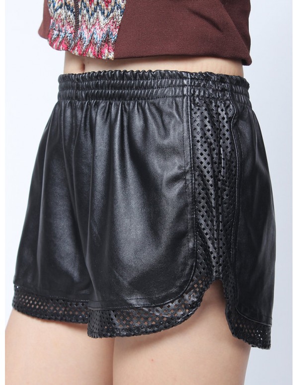 Women Hot Casual Hollow Out Elastic PU Shorts