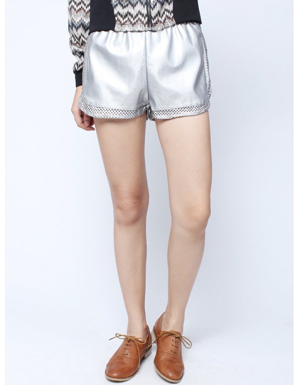 Women Hot Casual Hollow Out Elastic PU Shorts