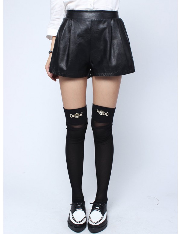 Women Fashion Black Elastic Waist Pocket Loose PU Leather Shorts