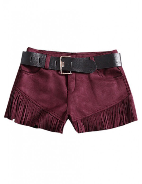 Women Suede Tassels Pants Turn-Up Straight Boot Cut Woolen Shorts