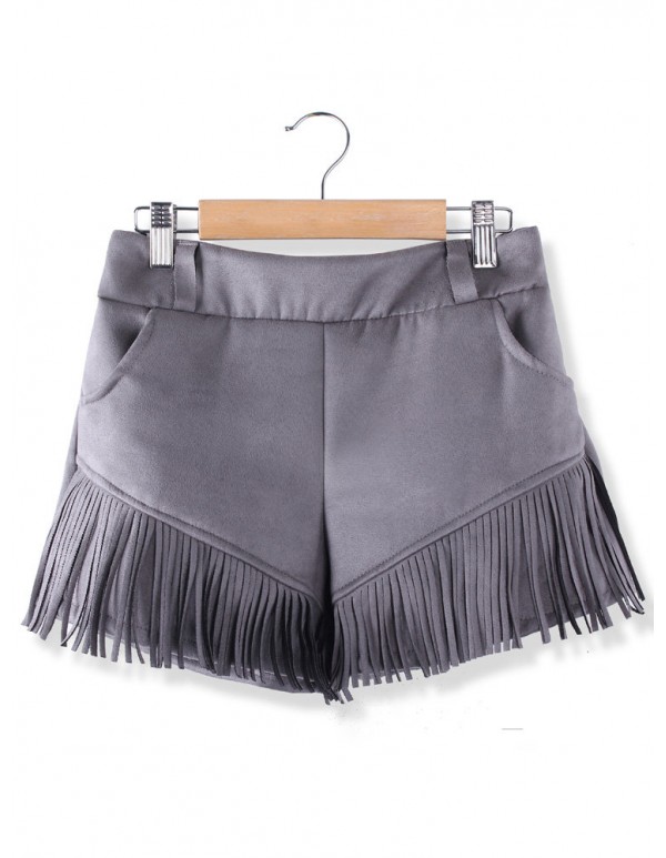 Women Suede Tassels Pants Turn-Up Straight Boot Cut Woolen Shorts