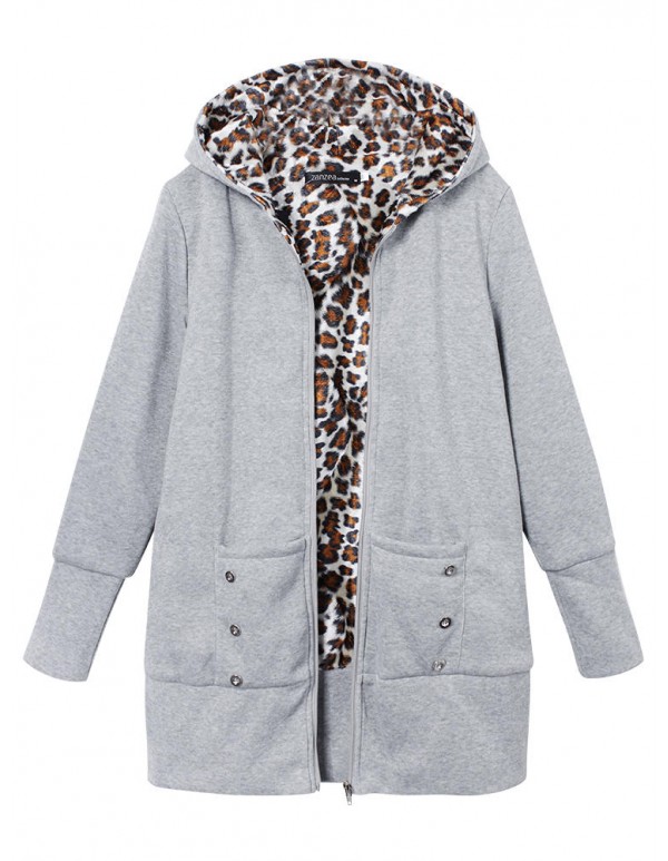 Plus Size Women Leopard Hoodie Slim Coat  Casual Outwear