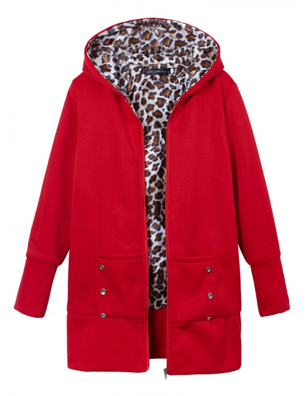 Plus Size Women Leopard Hoodie Slim Coat  Casual Outwear