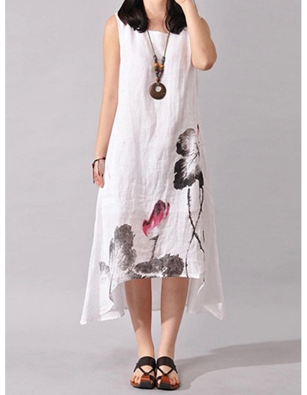 Vintage Summer Women Folk Style Ink Painting Floral Sleeveless Dress