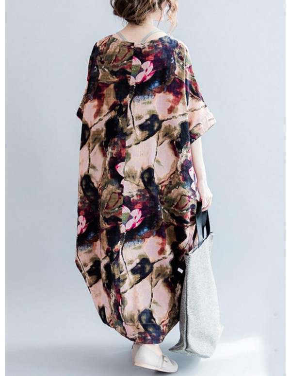 Casual S-5XL Women Loose Lotus Printing Dress