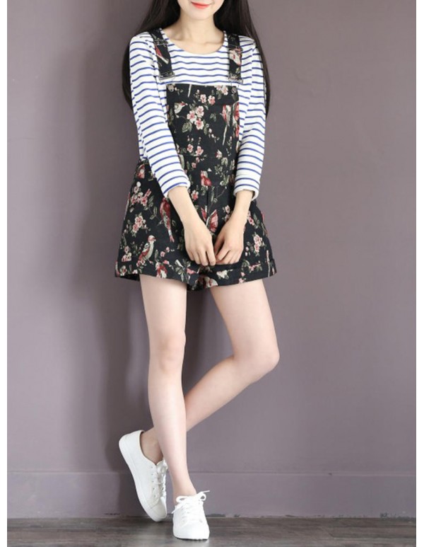 Navy Casual Floral Printed Overall Shorts For Women