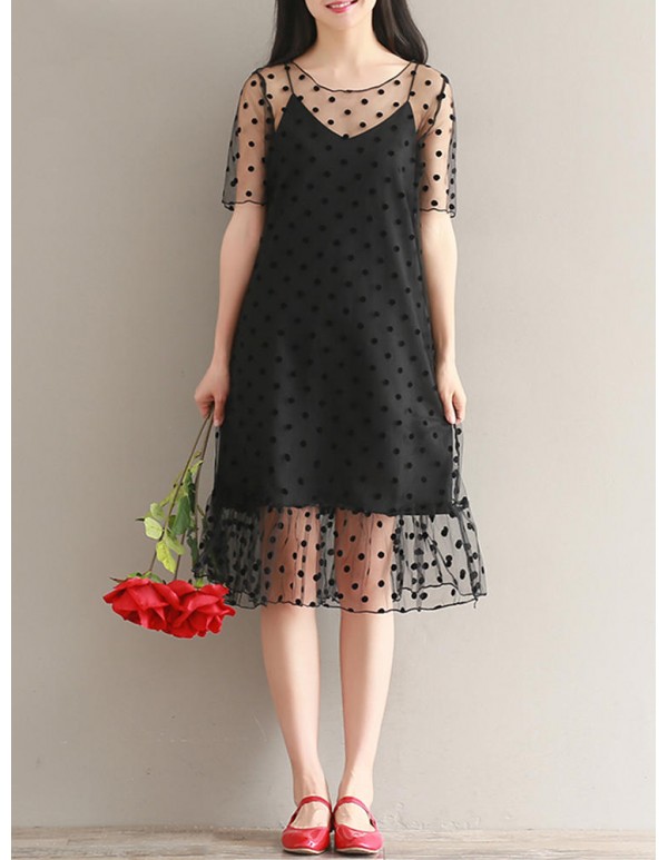 S-3XL Casual Women Dot Two Piece Dress