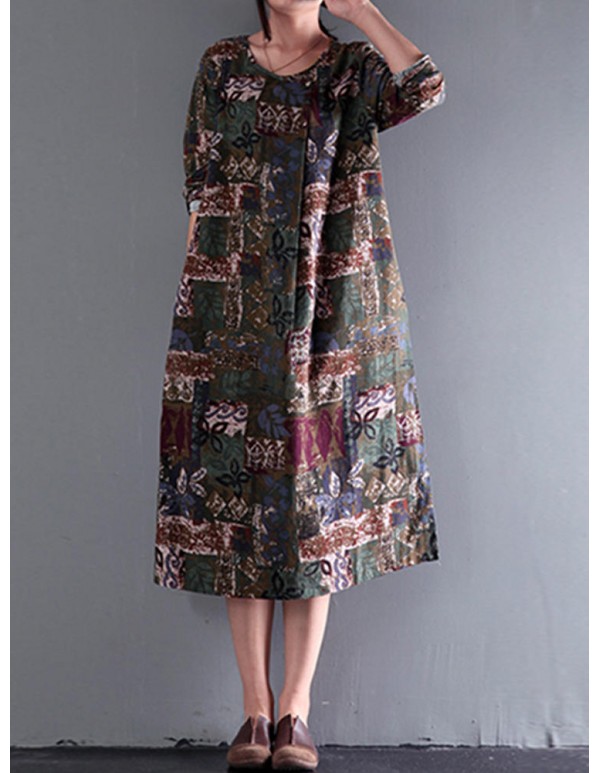 Bohemian Floral Print Vintage Long Sleeve Dress