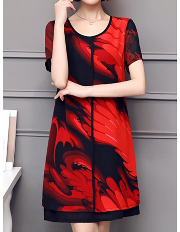 Elegant Women Chiffon Dress Patchwork Flowers Printing Two Layers Dresses