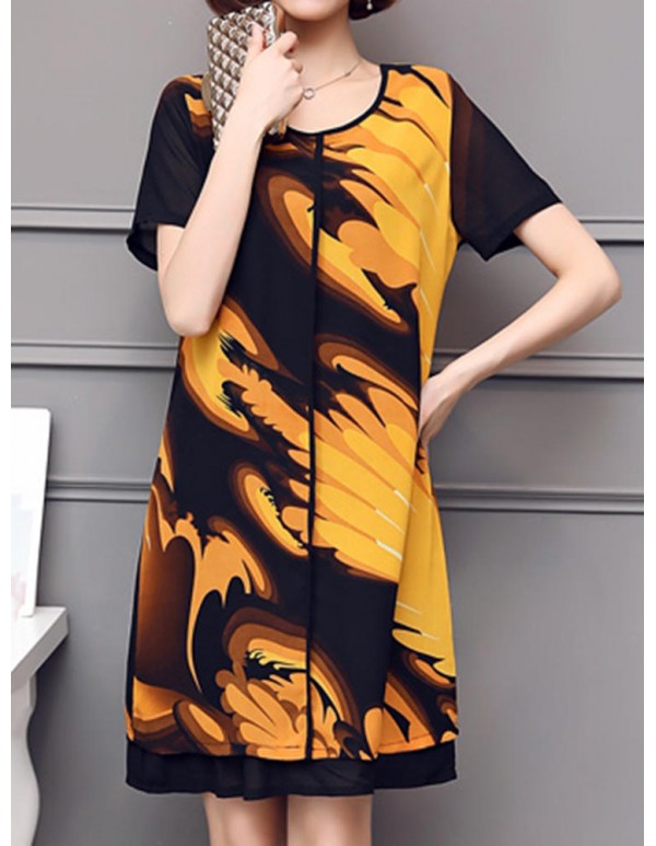 Elegant Women Chiffon Dress Patchwork Flowers Printing Two Layers Dresses