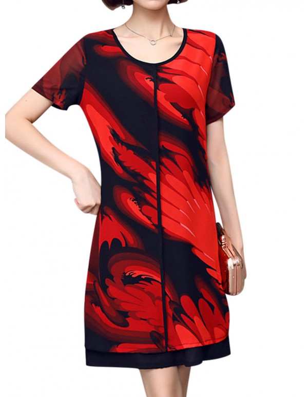 Elegant Women Chiffon Dress Patchwork Flowers Printing Two Layers Dresses