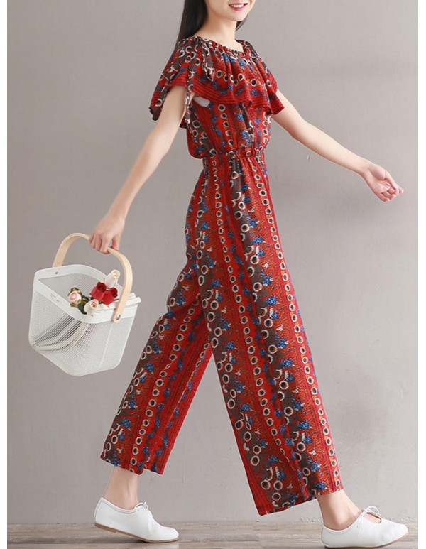 Women Bohemian Printed Jumpsuit Off Shoulder Falbala Chiffon Jumpsuits