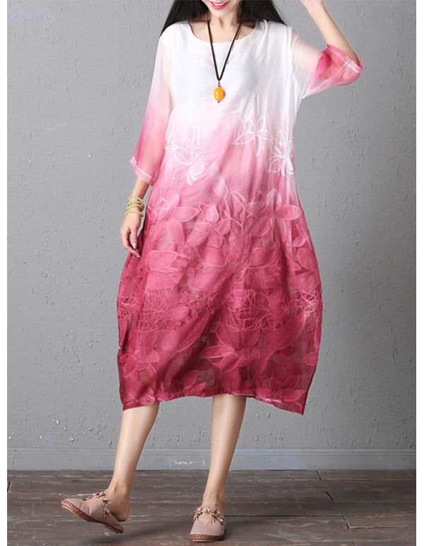 Retro Brand Gradient Dye Print Dress Color Embroidery Half Sleeve Linen Dress