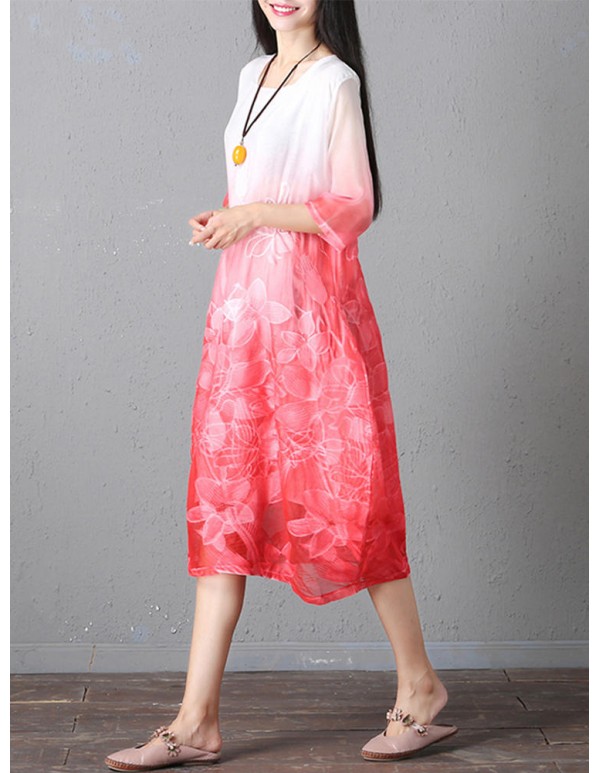 Retro Brand Gradient Dye Print Dress Color Embroidery Half Sleeve Linen Dress