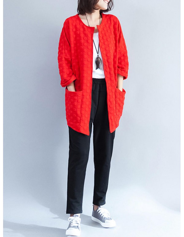 Women Polka Dot Pocket Loose Coat