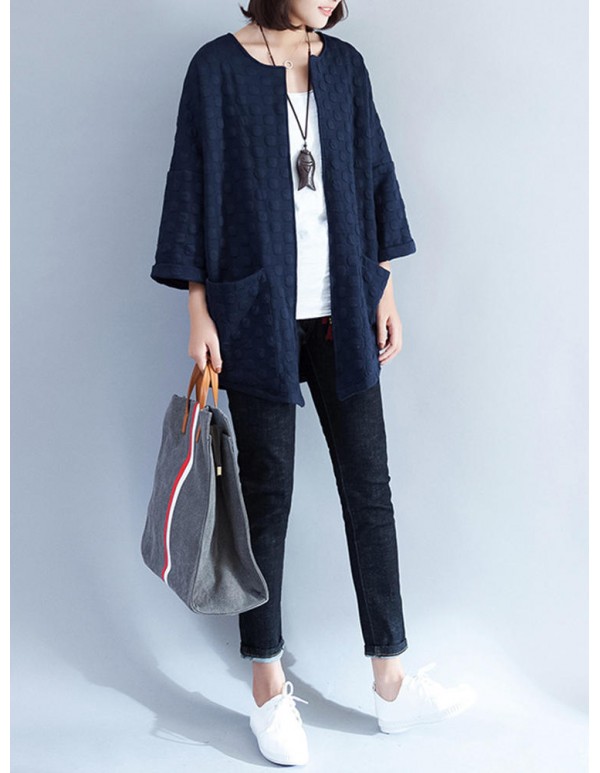 Women Polka Dot Pocket Loose Coat