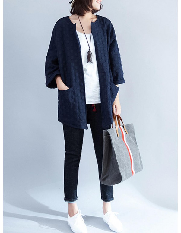 Women Polka Dot Pocket Loose Coat