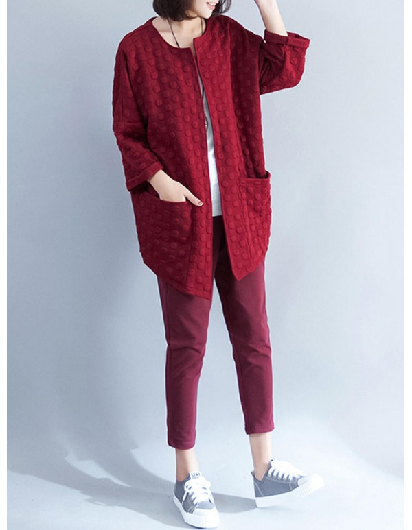 Women Polka Dot Pocket Loose Coat