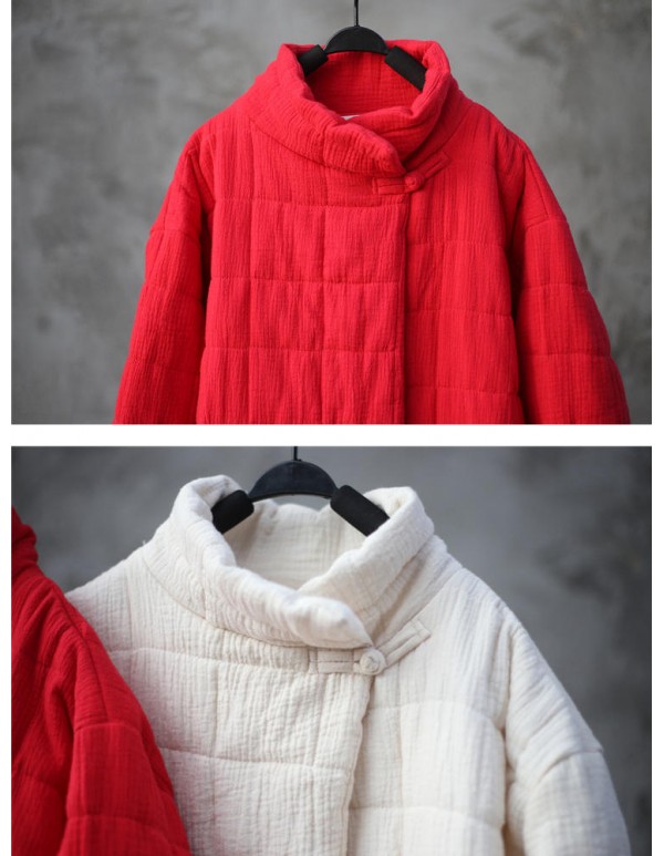 Vintage Women High Collar Cotton Linen Thick Coats