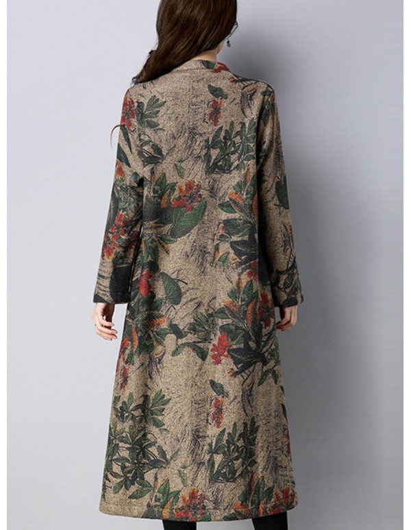 Vintage Women Floral Printed O-Neck Thick Coats