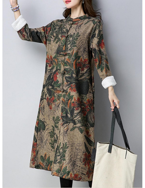 Vintage Women Floral Printed O-Neck Thick Coats