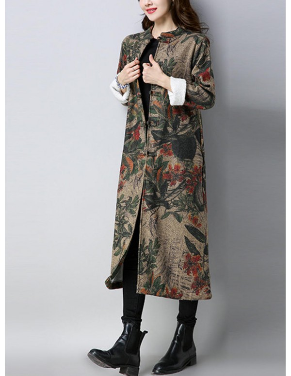 Vintage Women Floral Printed O-Neck Thick Coats