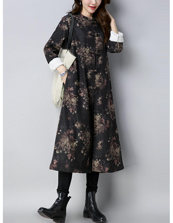 Vintage Women Floral Printed O-Neck Thick Coats