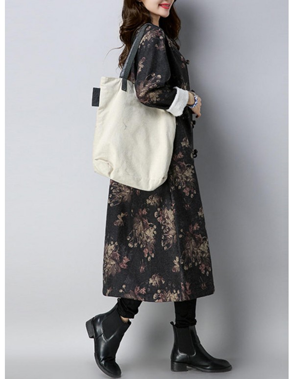 Vintage Women Floral Printed O-Neck Thick Coats