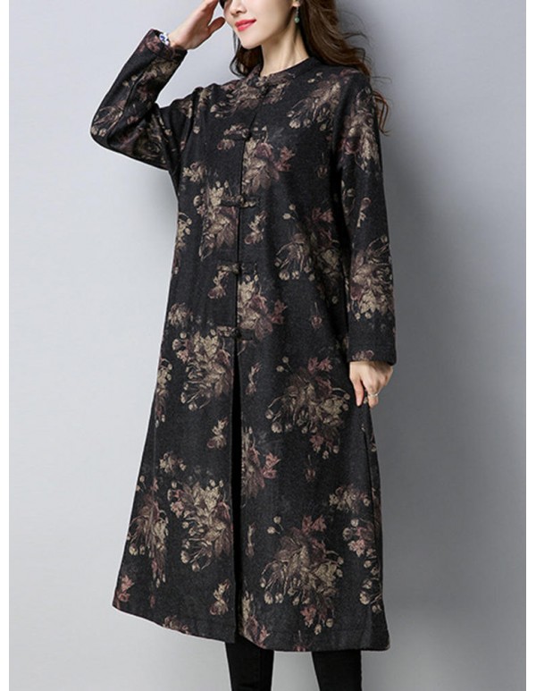 Vintage Women Floral Printed O-Neck Thick Coats