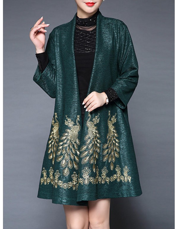 Plus Size Elegant Women Peacock Embroidery Cardigans