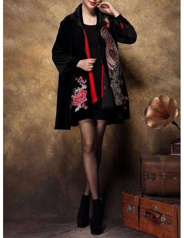 S-5XL Elegant Women Peacock Embroidery Coats