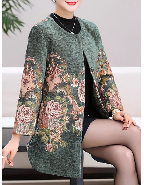 Plus Size Elegant Women Floral Printed Woolen Coats