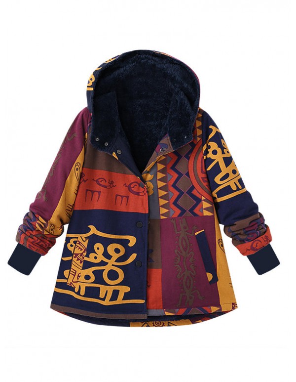 Plus Size Women Vantage Printed Hooded Pocket Coats Thick Warm Jackets