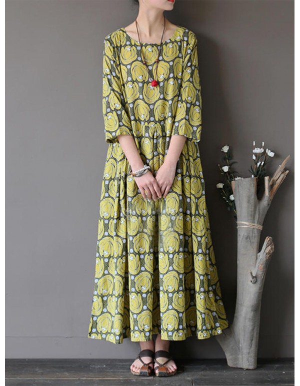 Vintage Flower Printed Half Sleeves O-neck Dress