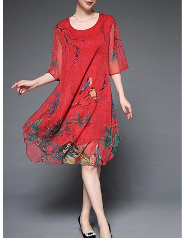 Plus Size Elegant Women Chiffon Floral Dress