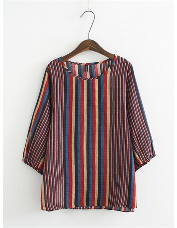 Women Vintage O-neck Puff Sleeves Stripe Blouse