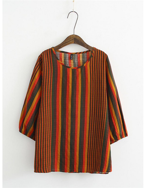 Women Vintage O-neck Puff Sleeves Stripe Blouse