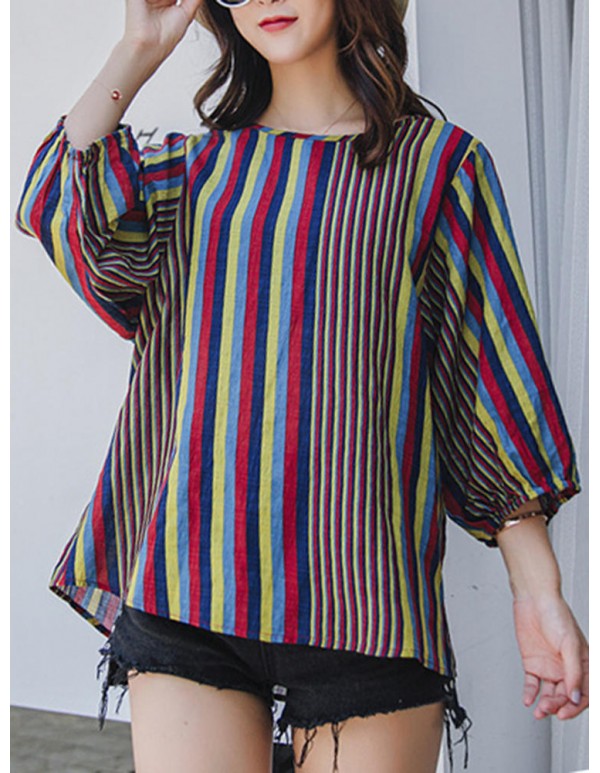 Women Vintage O-neck Puff Sleeves Stripe Blouse