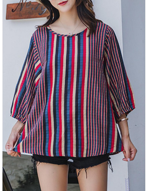 Women Vintage O-neck Puff Sleeves Stripe Blouse