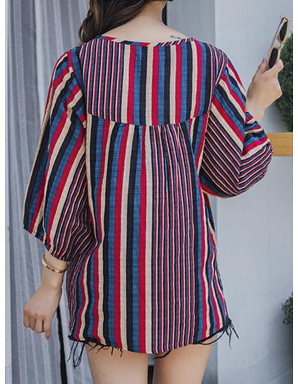 Women Vintage O-neck Puff Sleeves Stripe Blouse