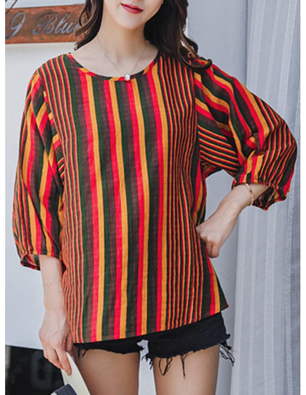 Women Vintage O-neck Puff Sleeves Stripe Blouse