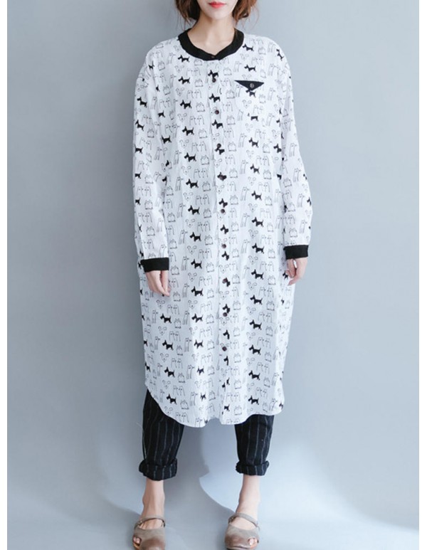 Women Cartoon Animal Print Long Shirts with Pockets