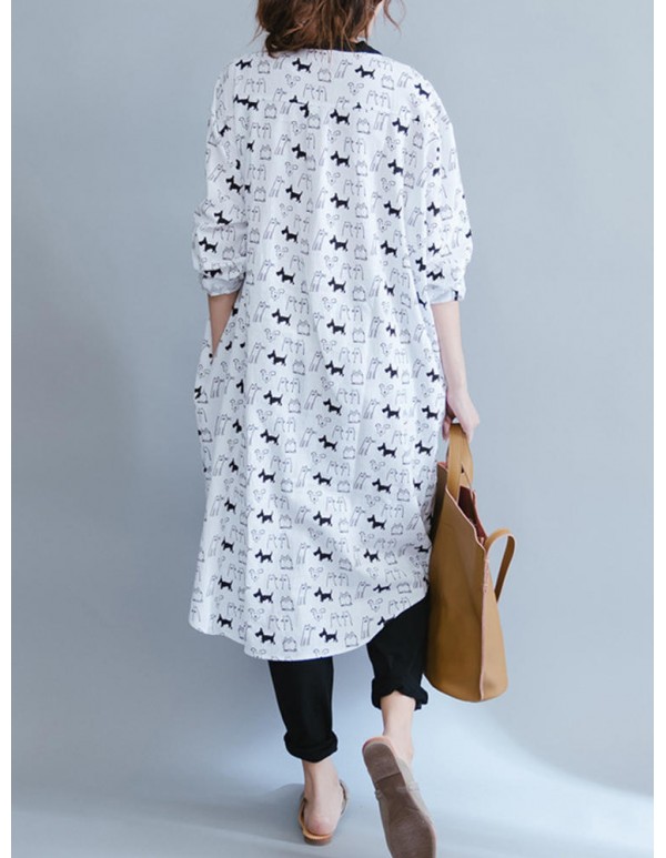 Women Cartoon Animal Print Long Shirts with Pockets