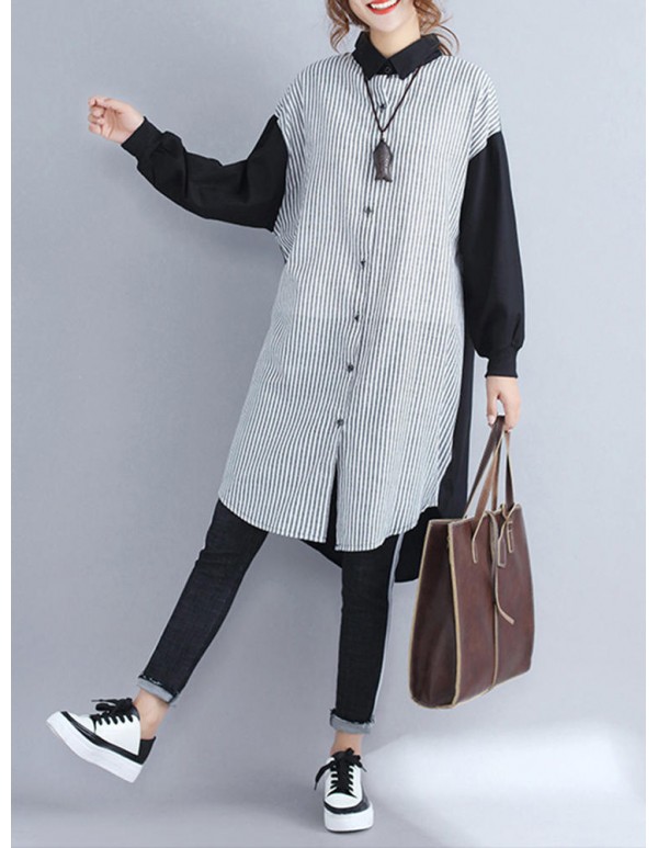 Women Patchwork Stripe Long Sleeves Long Shirts