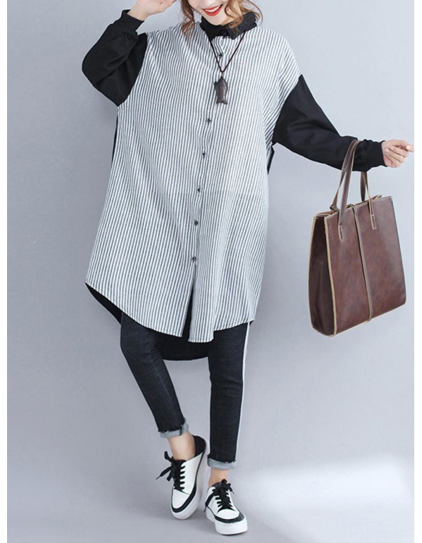 Women Patchwork Stripe Long Sleeves Long Shirts