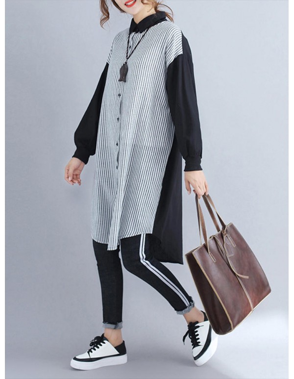 Women Patchwork Stripe Long Sleeves Long Shirts