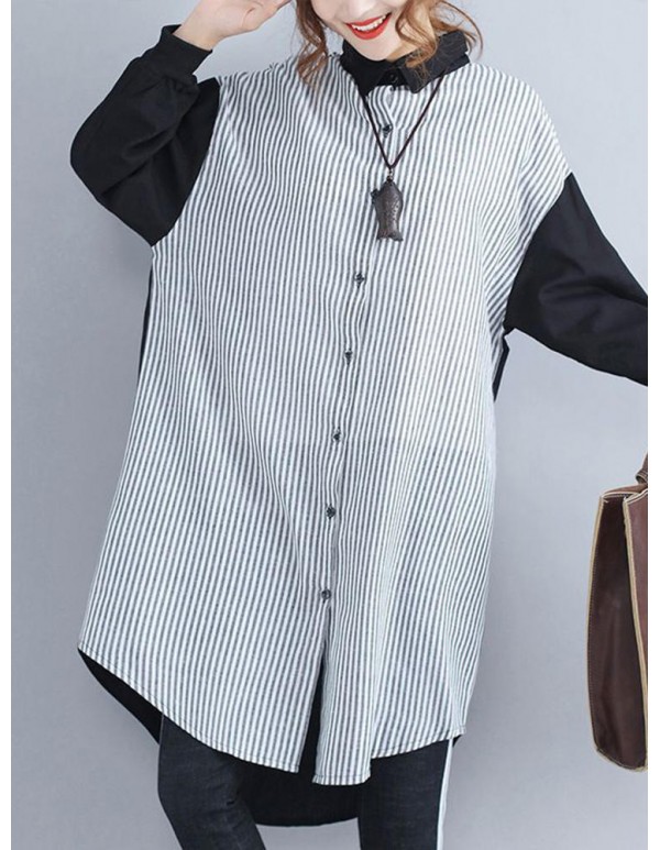 Women Patchwork Stripe Long Sleeves Long Shirts