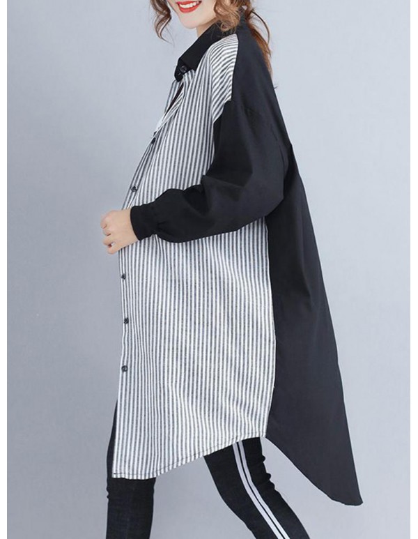 Women Patchwork Stripe Long Sleeves Long Shirts