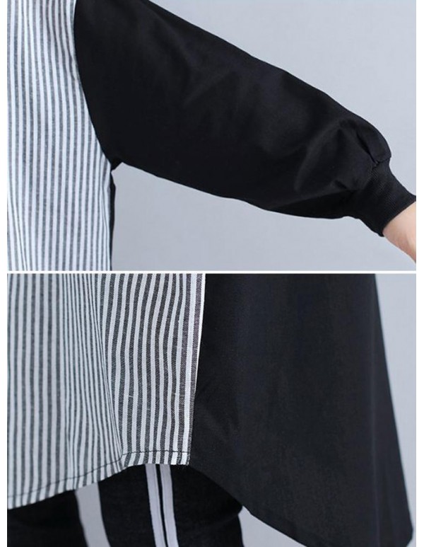 Women Patchwork Stripe Long Sleeves Long Shirts